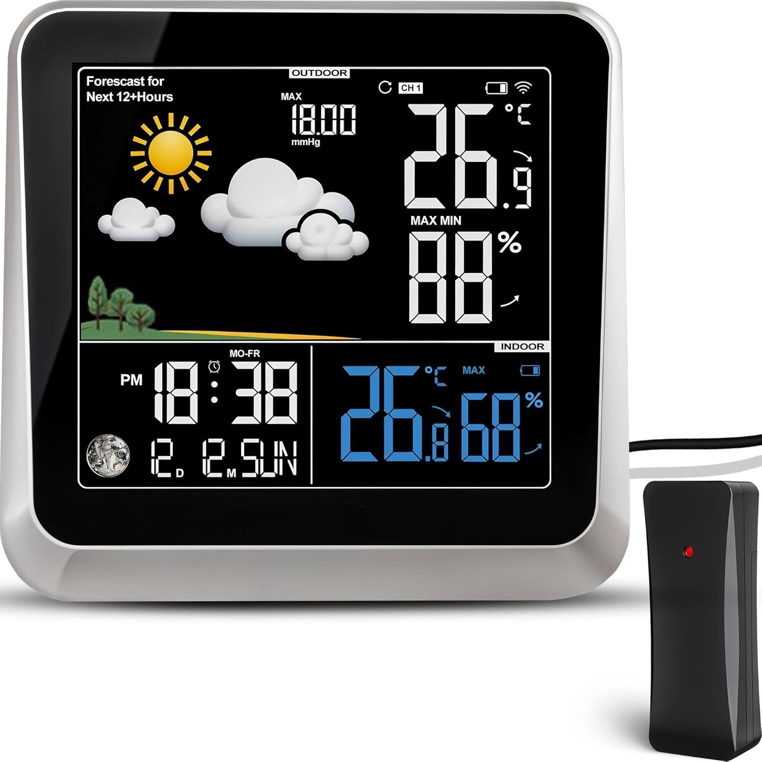 Home Weather Station & Indoor/Outdoor Thermometer Wireless – Weather Forecast, Barometer & Moon Phase Display